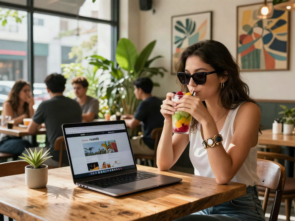Young woman enjoying a smoothie while exploring rokok88 in a trendy urban cafe.