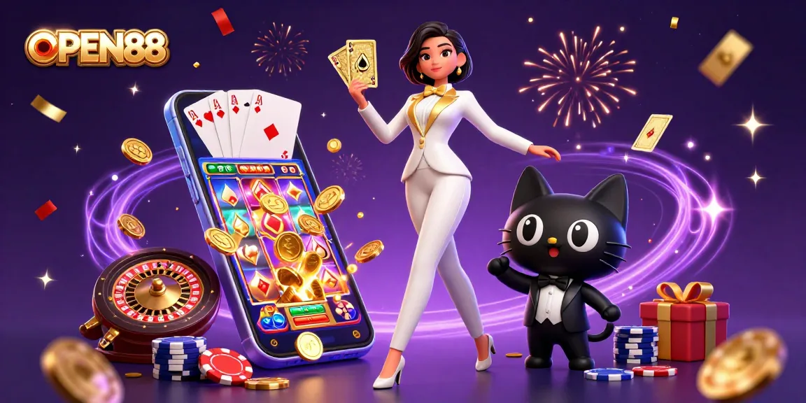 Experience the thrill of OPEN88 with a glamorous lady shuffling cards amid vibrant casino elements.
