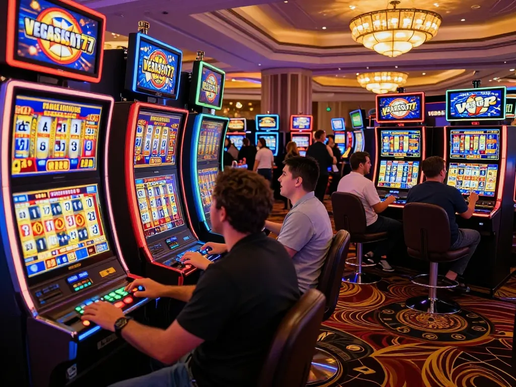 A thrilling gaming experience at vegasslot77.com featuring players at vibrant slot machines.