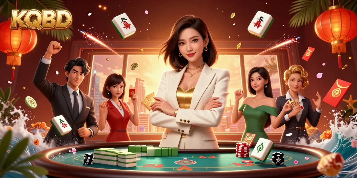 KQBD showcases a powerful woman holding cards among vibrant casino elements and a city backdrop.