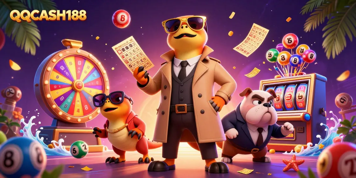 Join the excitement at QQCASH188 with colorful lottery balls and a playful casino scene.