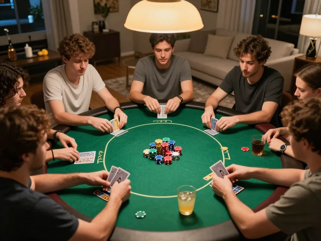 Players engaged in Đánh Bài Take2 poker game with vibrant chips and focused camaraderie.