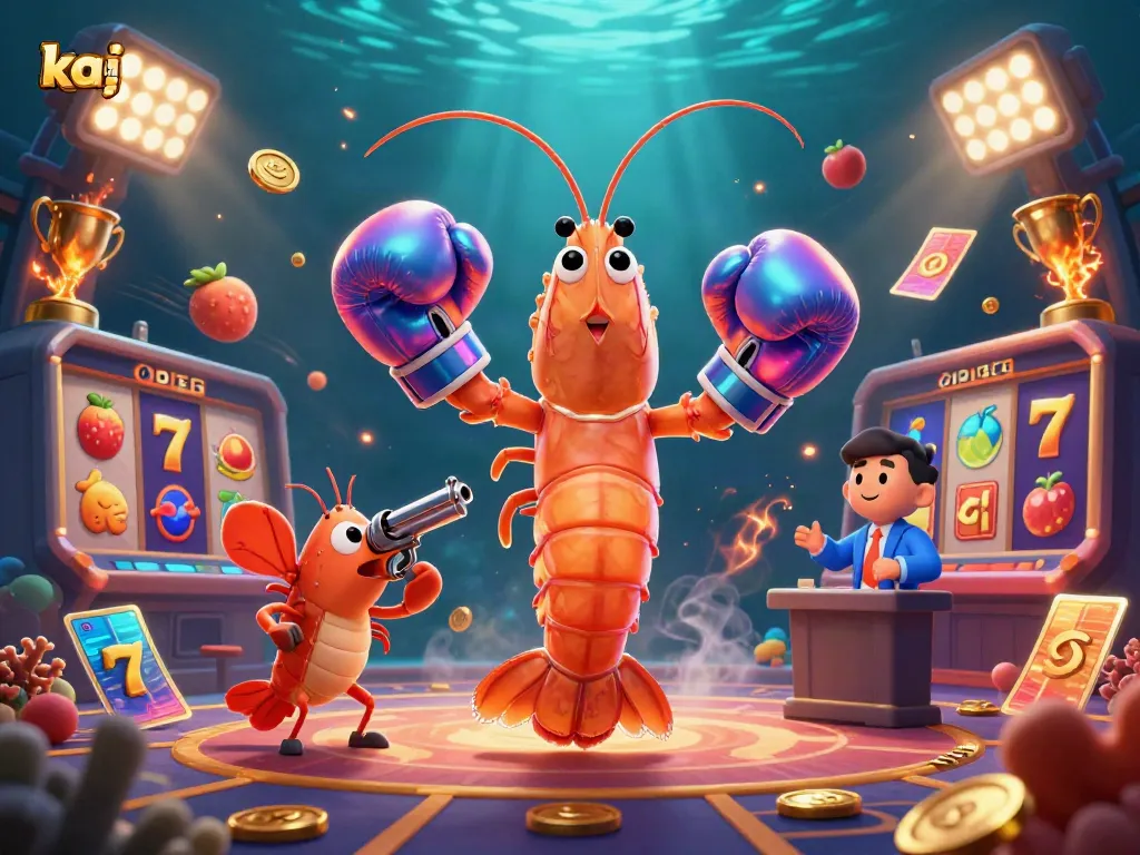 Kawijitu themed illustration showcasing animated shrimp characters engaging in a vibrant slot game.