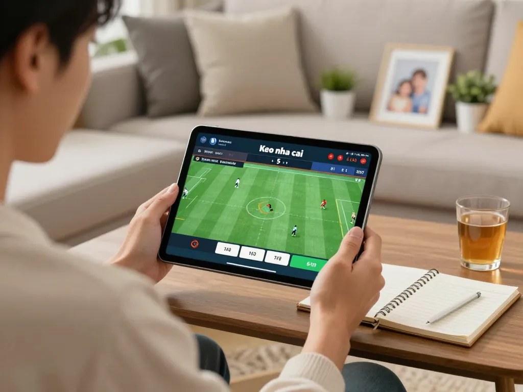 Person placing strategic bets with Keo nha cai 5 on a sports betting app in a cozy home