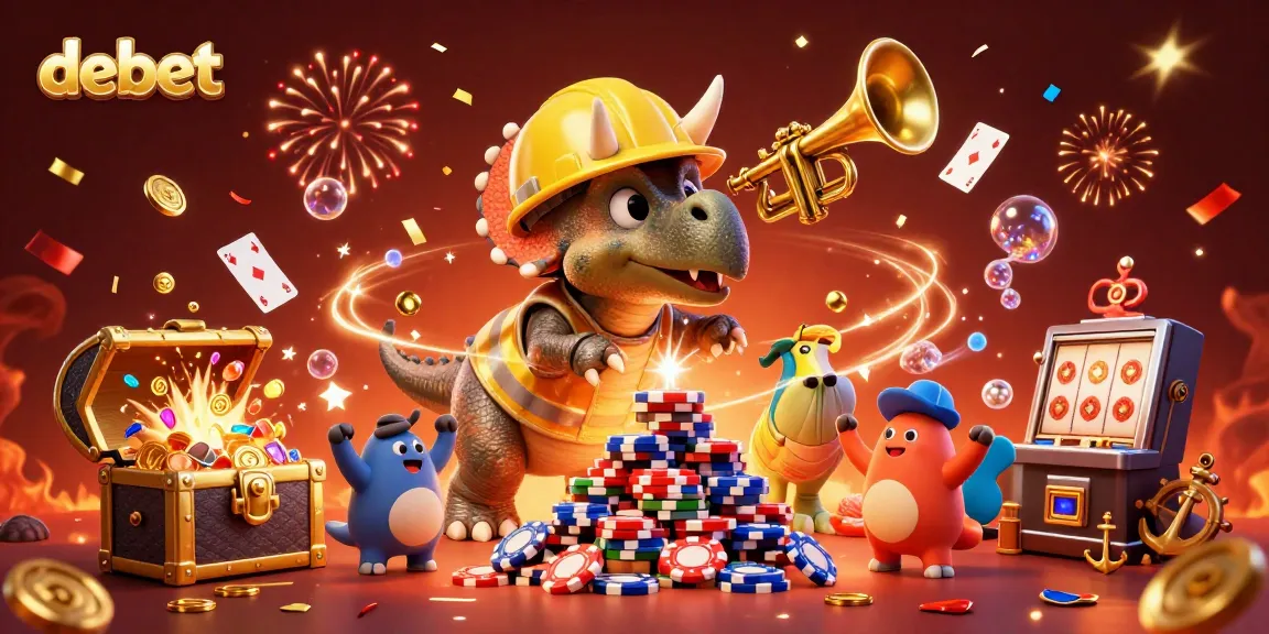 Join the fun with debet as a triceratops builds poker chips in a vibrant casino scene!