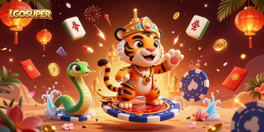 Experience thrilling gameplay on LGOSUPER with a vibrant scene featuring a mystical tiger sultan and rich casino elements.