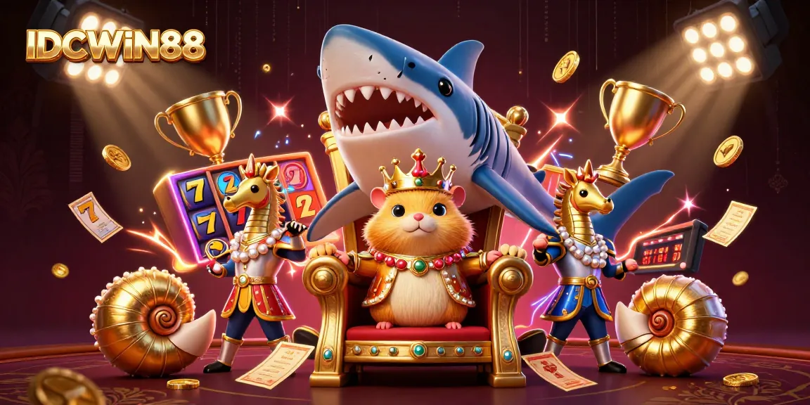 Experience thrilling games with IDCWIN88, featuring iconic slot reels and royal characters.