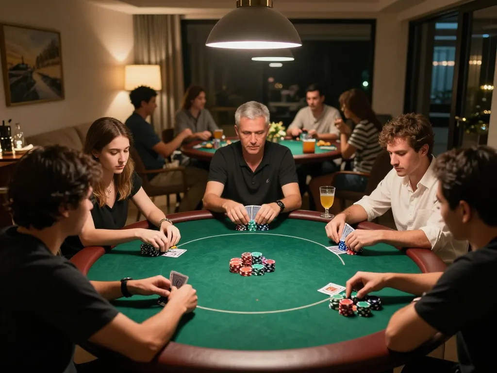 Players enjoying Đánh Bài Take2 at a lively home poker night with strategic gameplay.