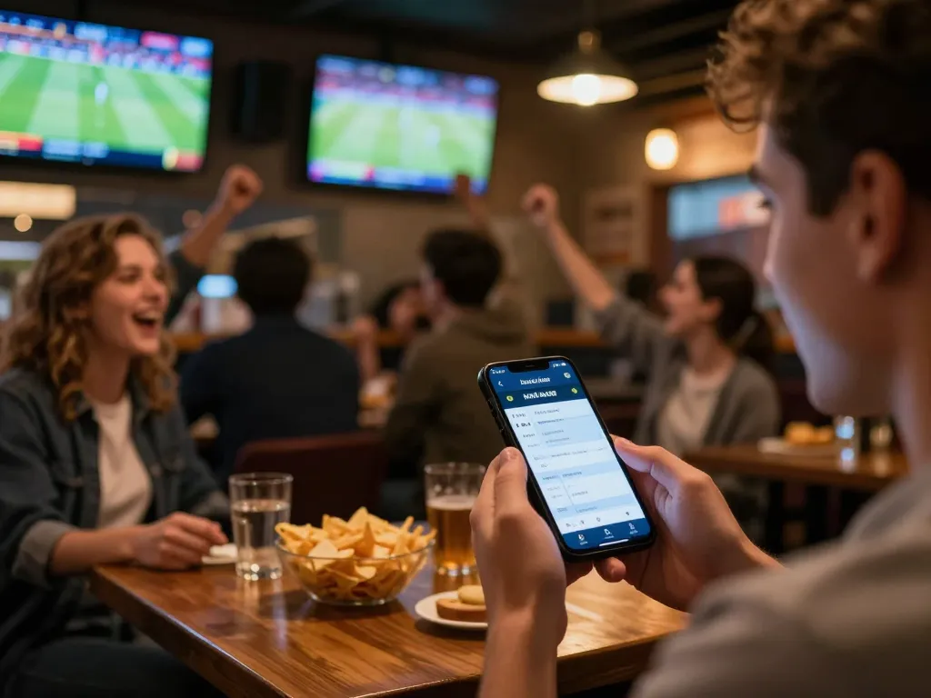 Persona che piazza scommesse utilizzando l'app del bookmaker non AAMS mentre guarda sport in un bar vivace.