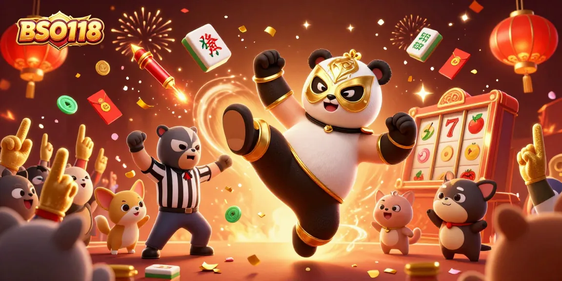Engage with BSO118 through a thrilling scene of a wrestling panda amid casino excitement.