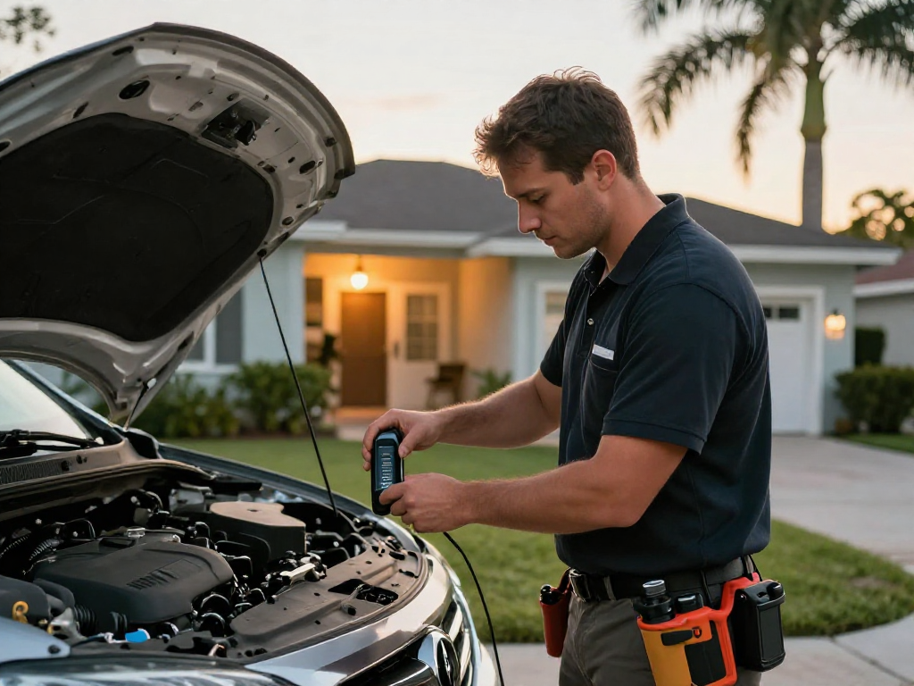 Locksmith in Tradition FL assisting with car lock replacement in Port St. Lucie home setting.