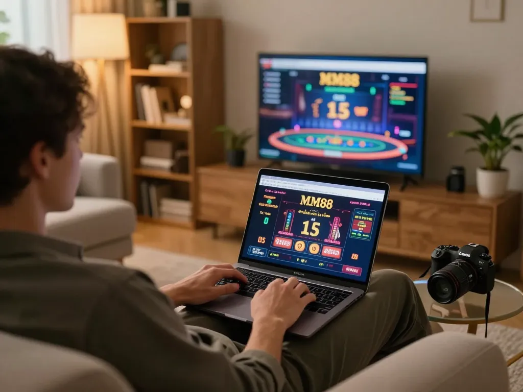 Engaging with the Nhà cái MM88 online casino from a cozy home setup while developing winning strategies.