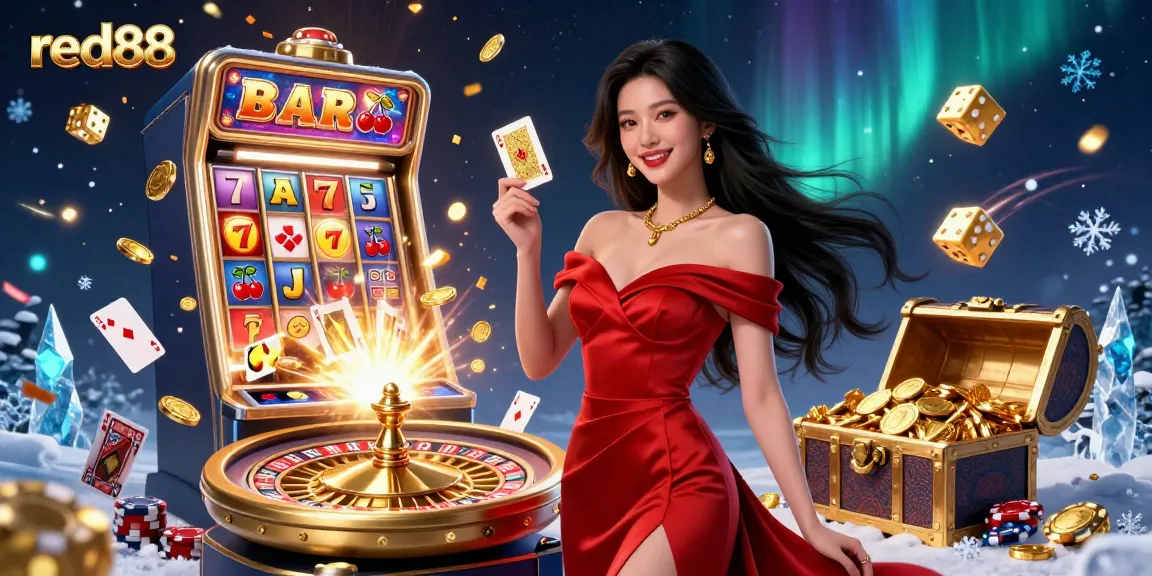 Experience the excitement at red88 with a stunning Asian woman holding a golden card beside a roulette wheel filled with casino action.