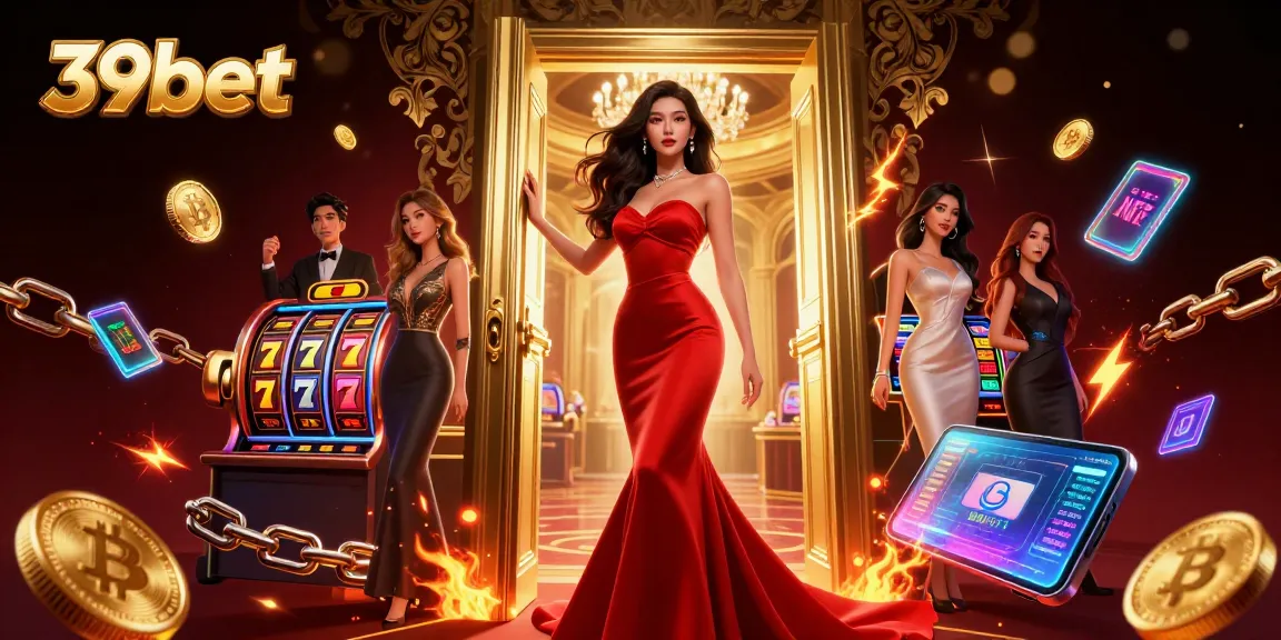 Experience thrilling gameplay at 39bet with vibrant slot games, crypto elements, and luxurious casino ambiance.