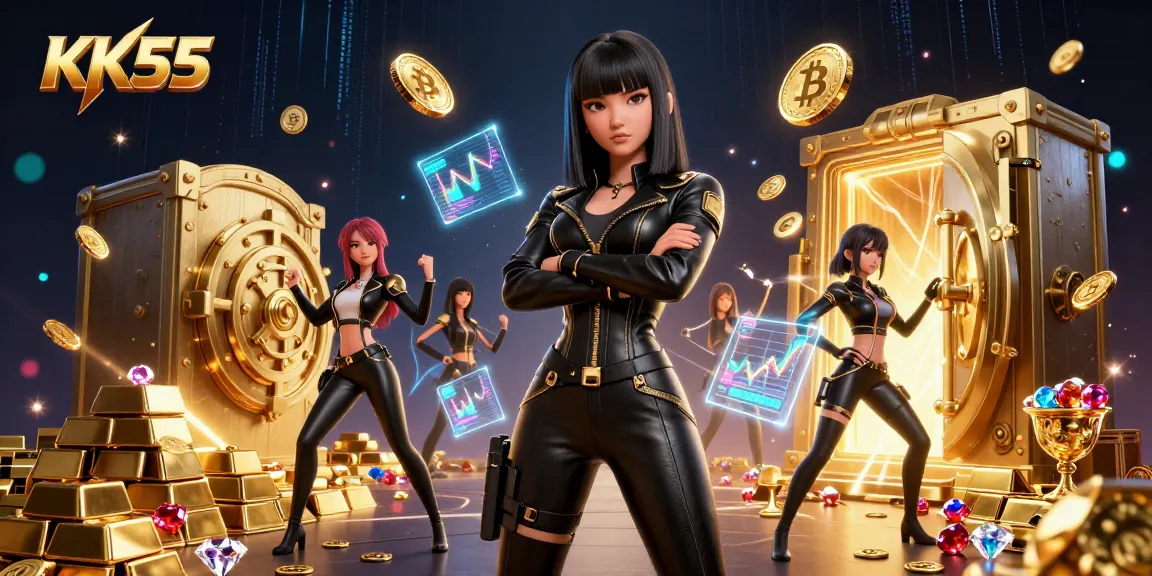 Experience thrilling gameplay at KK55 with a stunning Asian woman showcasing a dynamic online casino atmosphere.