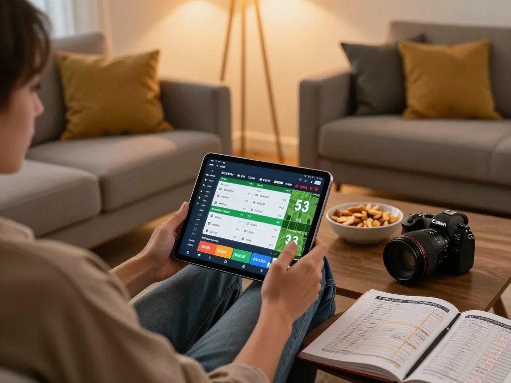 Engaging scene of online sports betting on a tablet, nhandinhkeonhacai providing live odds and betting insights in a cozy home setting.