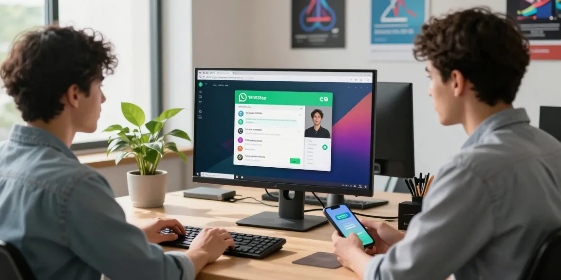 A young professional using WhatsApp電腦版 on a desktop in a modern office setting, showcasing vibrant digital communication.