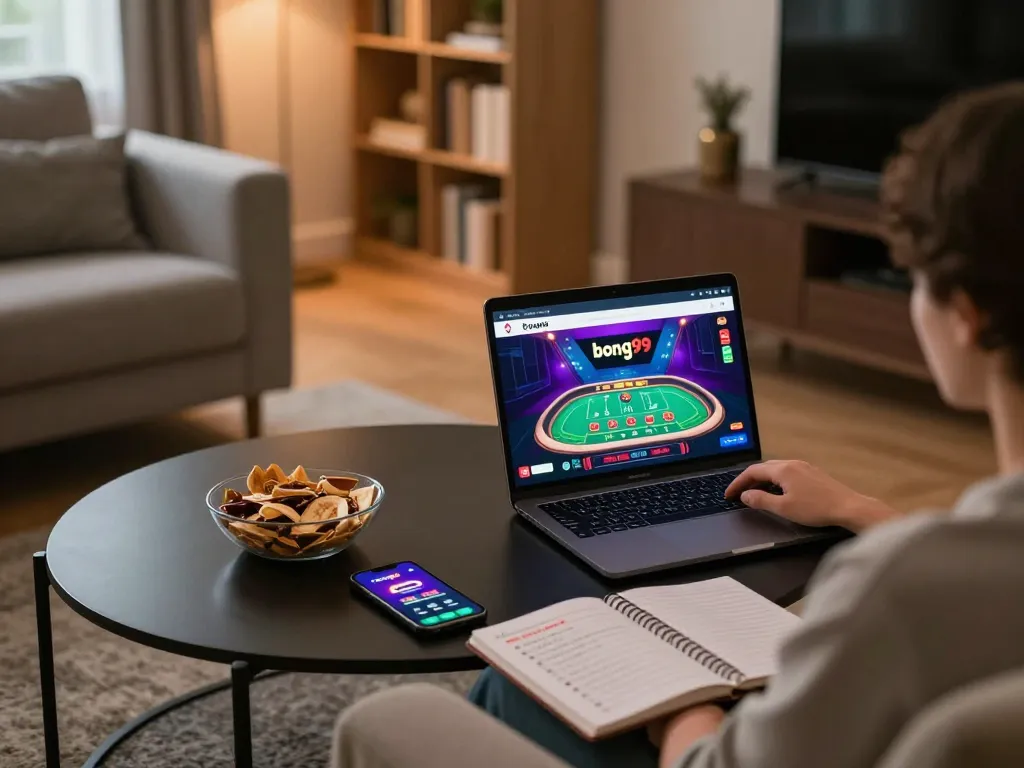 Engaging with bong99 through an online gaming setup, showcasing a vibrant betting scene at home