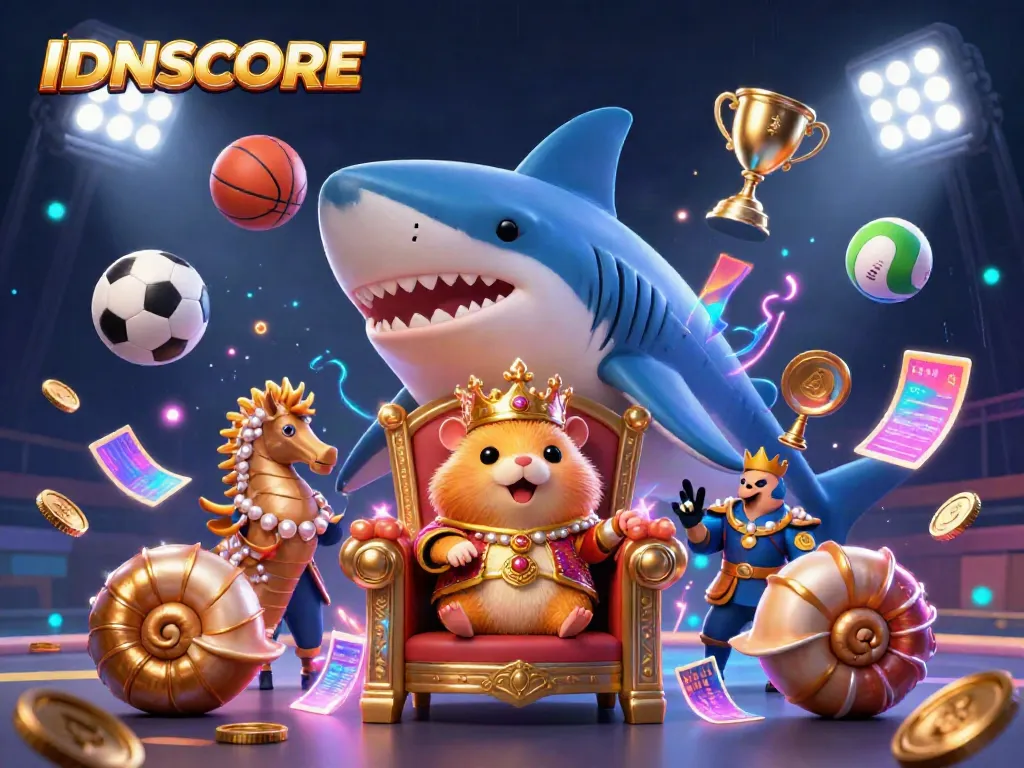 IDNSCORE's vibrant online sports betting scene featuring a golden hamster king amidst dynamic sports elements.