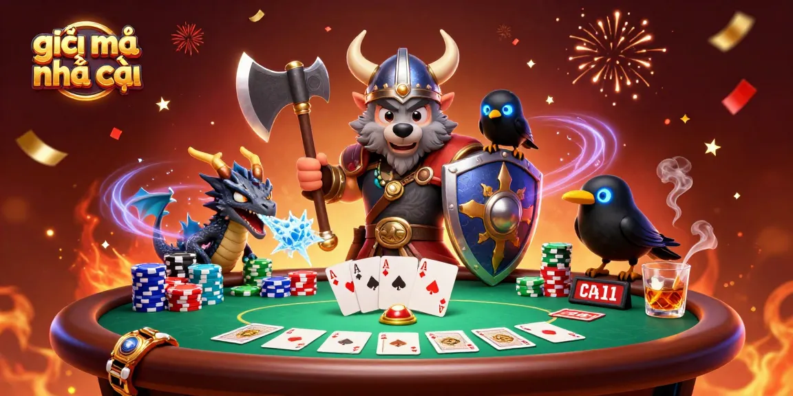 Engage with giải mã nhà cái through dynamic poker scene featuring Viking wolf warrior and dragon.