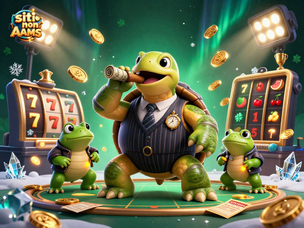 Il gioco ai migliori siti non AAMS con tartaruga e ranocchie in un ambiente vivace, simboli delle slot volanti.