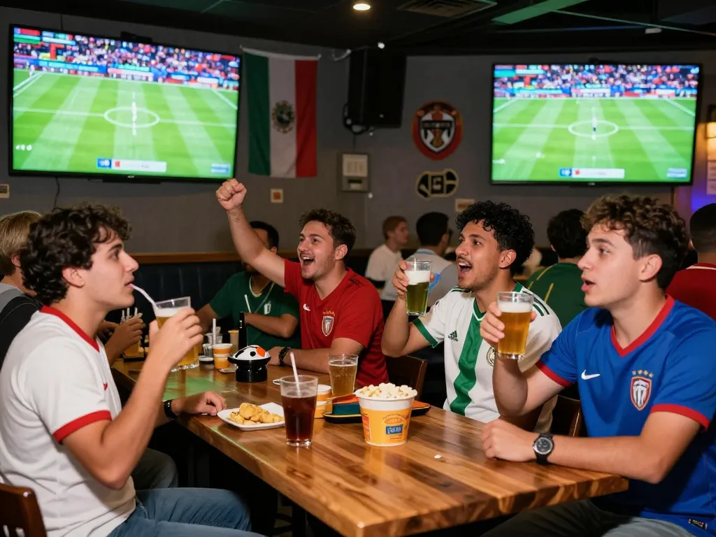 Fans celebrating during a World Cup 2026 viewing party at a sports bar, showcasing high energy and excitement.