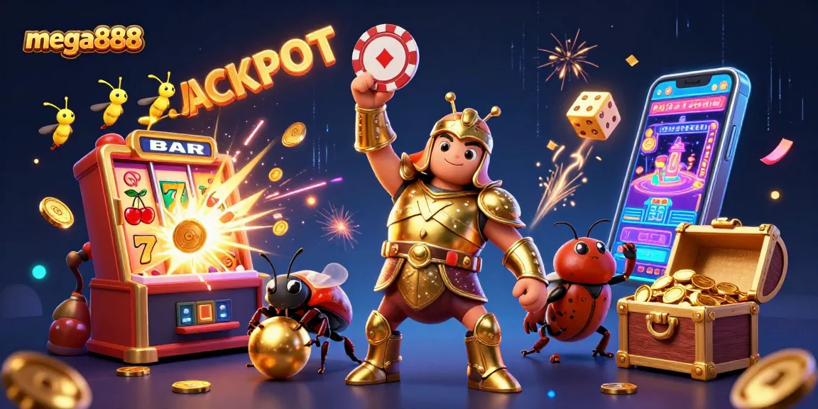 Experience mega888 excitement with a victorious beetle character lifting a poker chip under a jackpot explosion.