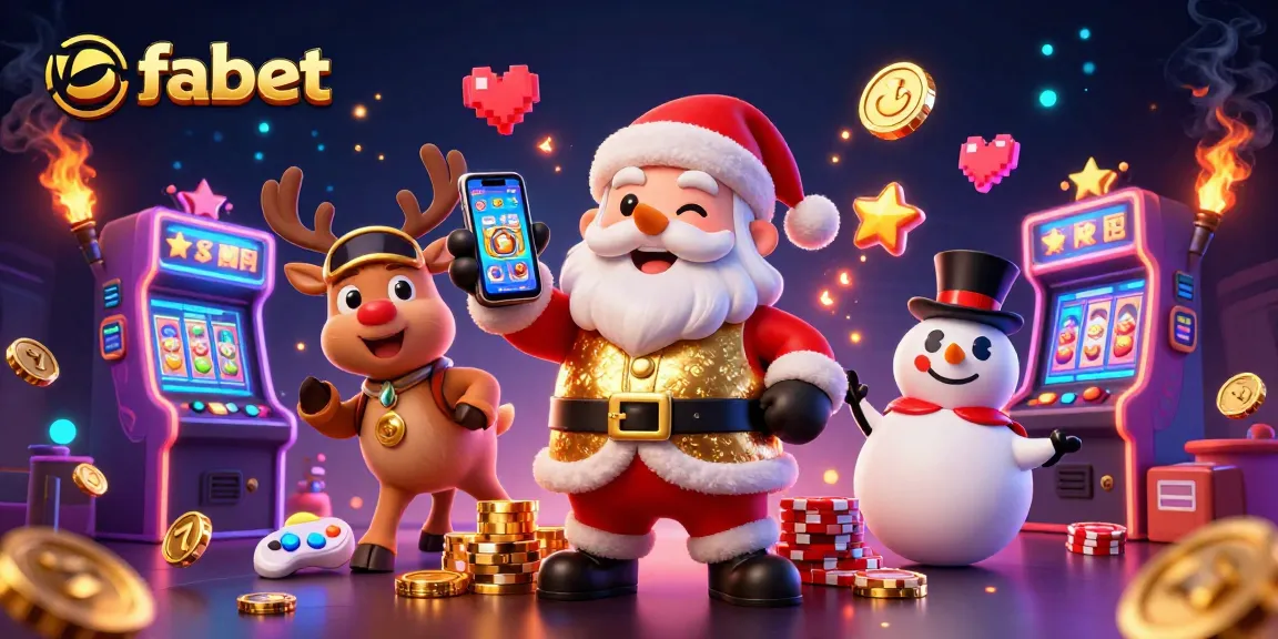 Engage with fabet's thrilling jackpot slots alongside Santa Claus and friends in a vibrant casino scene.