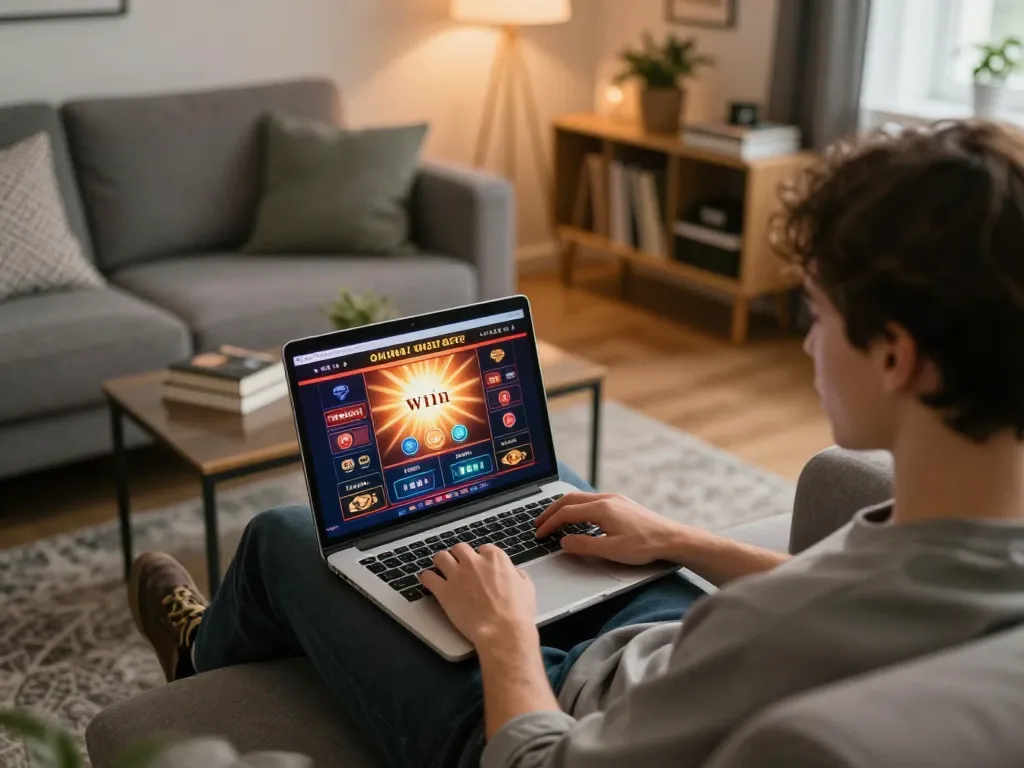 Person enjoying sun win online gaming on laptop in a cozy home setting with ambient lighting.
