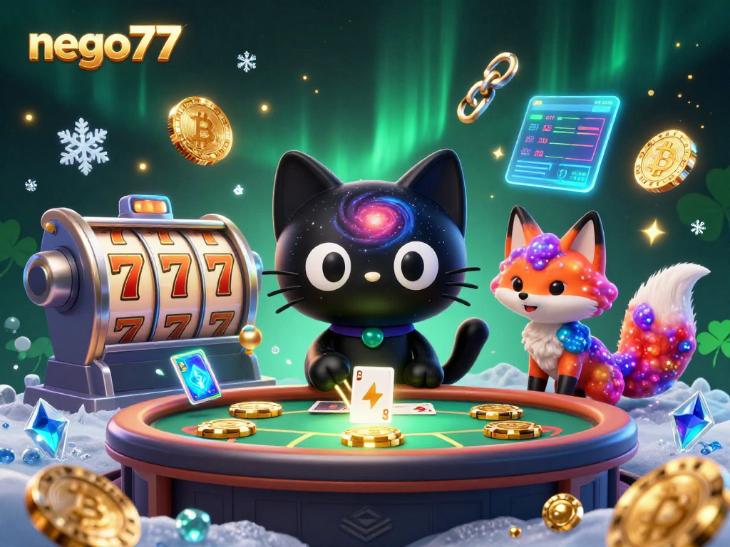 Nego77 offers a vibrant casino experience with cosmic characters enjoying thrilling slots and crypto fun.