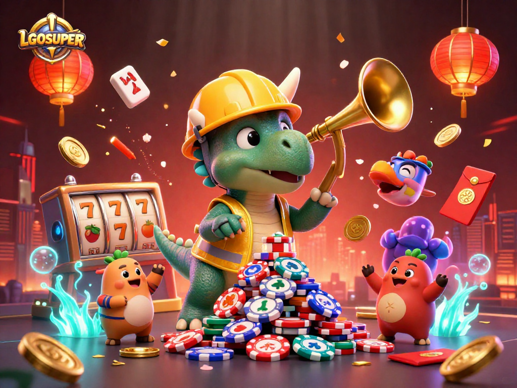 Join the excitement at LGOSUPER’s casino scene featuring a triceratops constructing a poker chip pyramid.