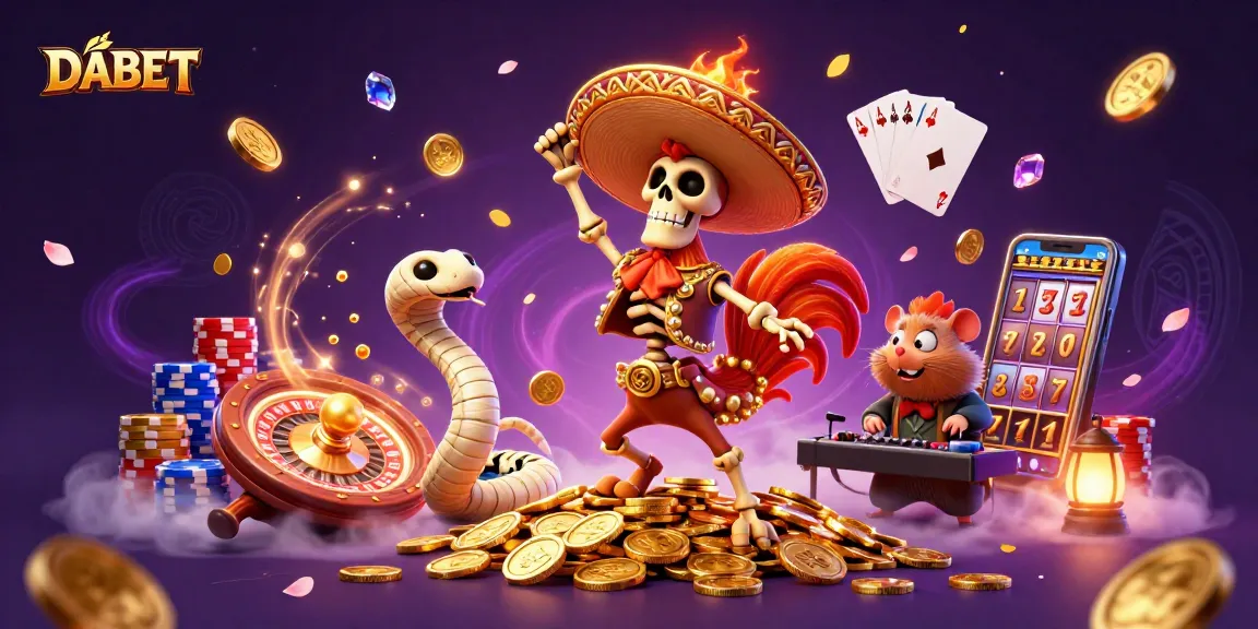 DABET showcases festive 3D casino action with a dynamic scene of characters amidst coins and roulette.