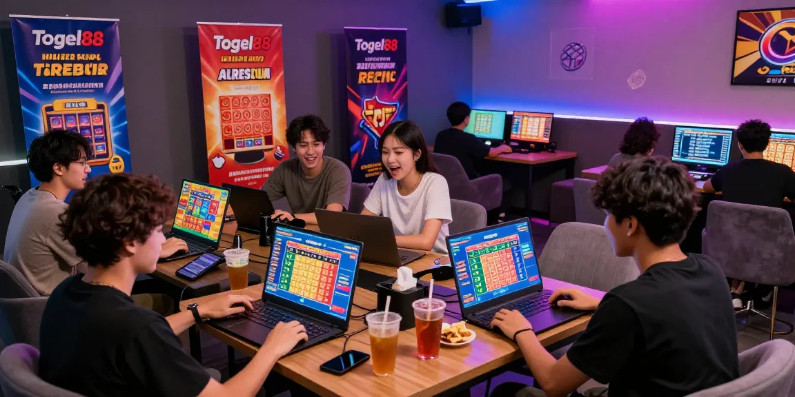 Togel88 Rtp Terbaru gaming session with excited players enjoying online lottery.