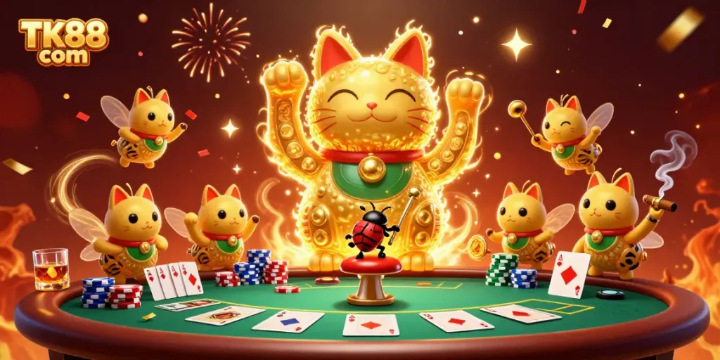 Experience vibrant casino action with TK88 com's animated lucky cat and poker scene.