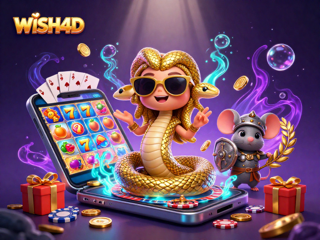 Play thrilling slots with WISH4D featuring Medusa and colorful games in an enchanting scene.