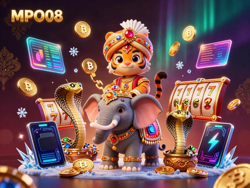 MPO08 offers thrilling slot action with a vibrant 3D tiger riding an elephant amidst crypto coins.