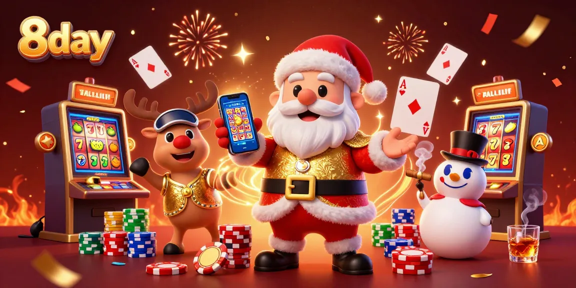 8day brings excitement to the casino with Santa, reindeer, and snowman celebrating jackpots.