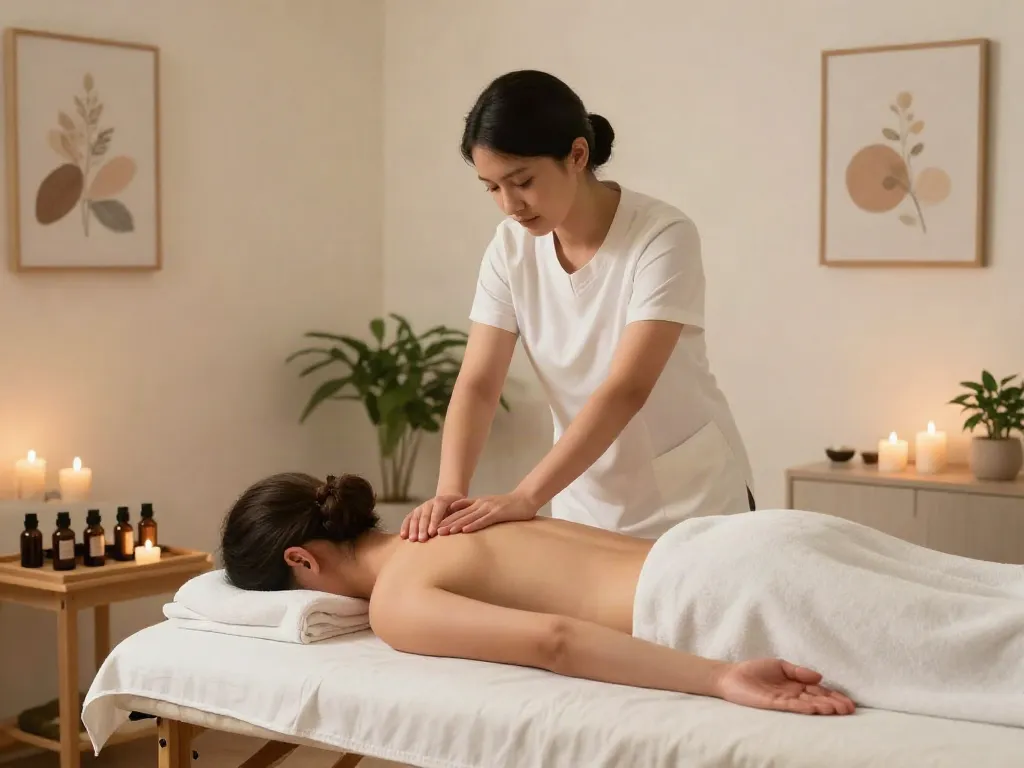 Relaxing 동작구출장안마 scene with a therapist providing massage therapy in a serene home environment.