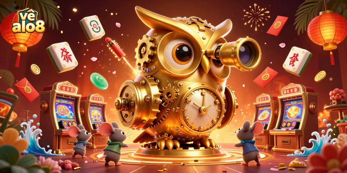 Engage with the vibrant casino world of về alo8, featuring a golden owl and animated game elements.