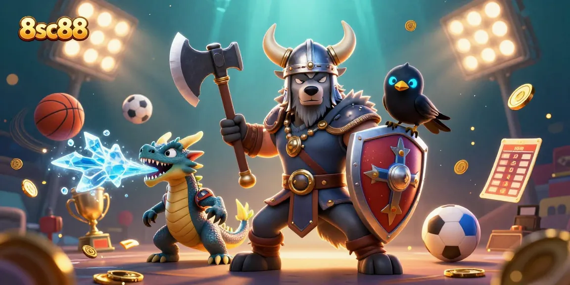 Engage in thrilling sports betting and casino action at 8sc88, depicted through dynamic characters and vibrant game elements.