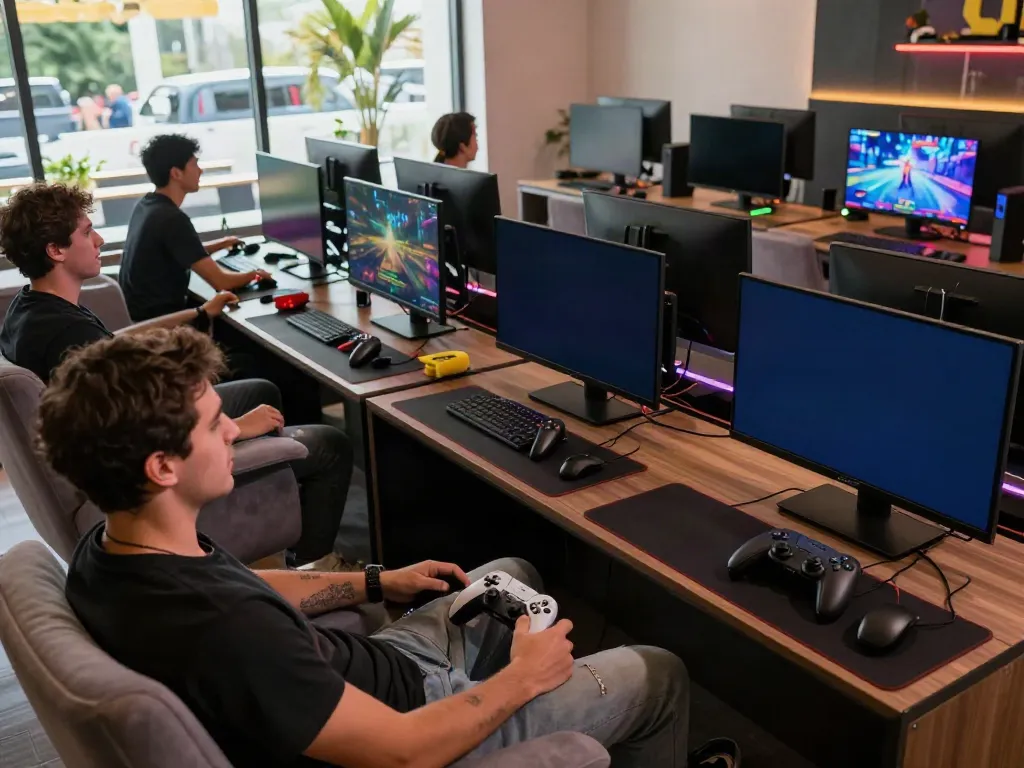 Men enjoying gaming at Manclub's modern lounge, engaging and vibrant atmosphere.