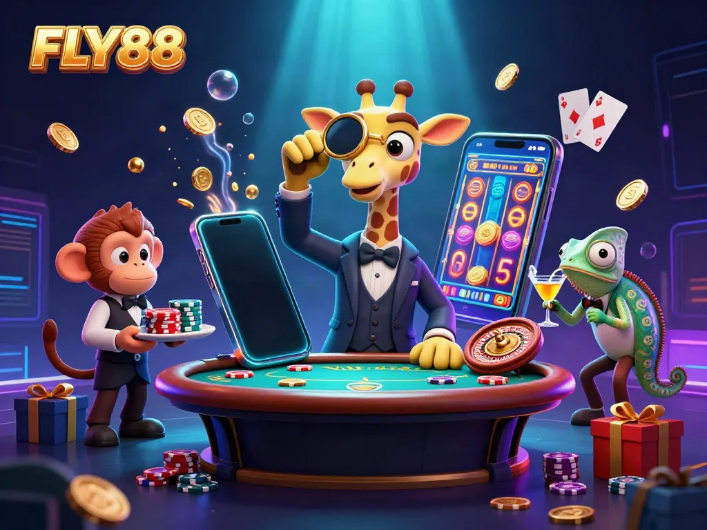 Engage with FLY88's vibrant casino atmosphere featuring a high-roller giraffe and exciting gameplay elements.