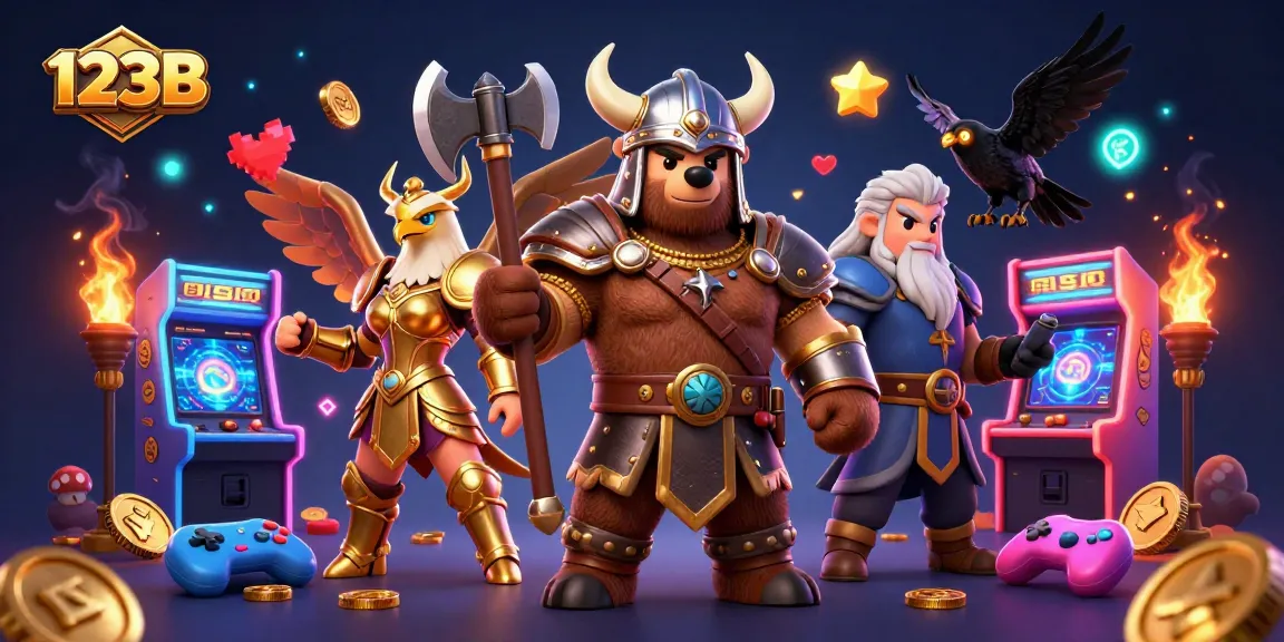 Experience thrilling wins at 123B casino with Viking and Valkyrie characters amidst vibrant gaming elements.