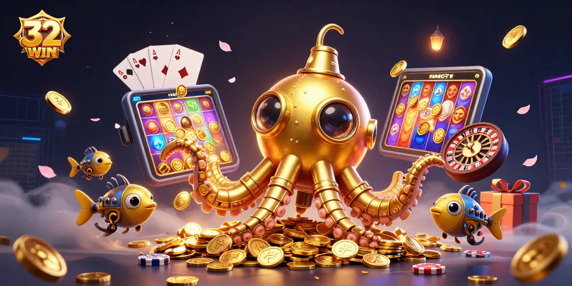 Experience the excitement of 32WIN with a golden kraken submarine amidst a treasure of slots and blackjack!