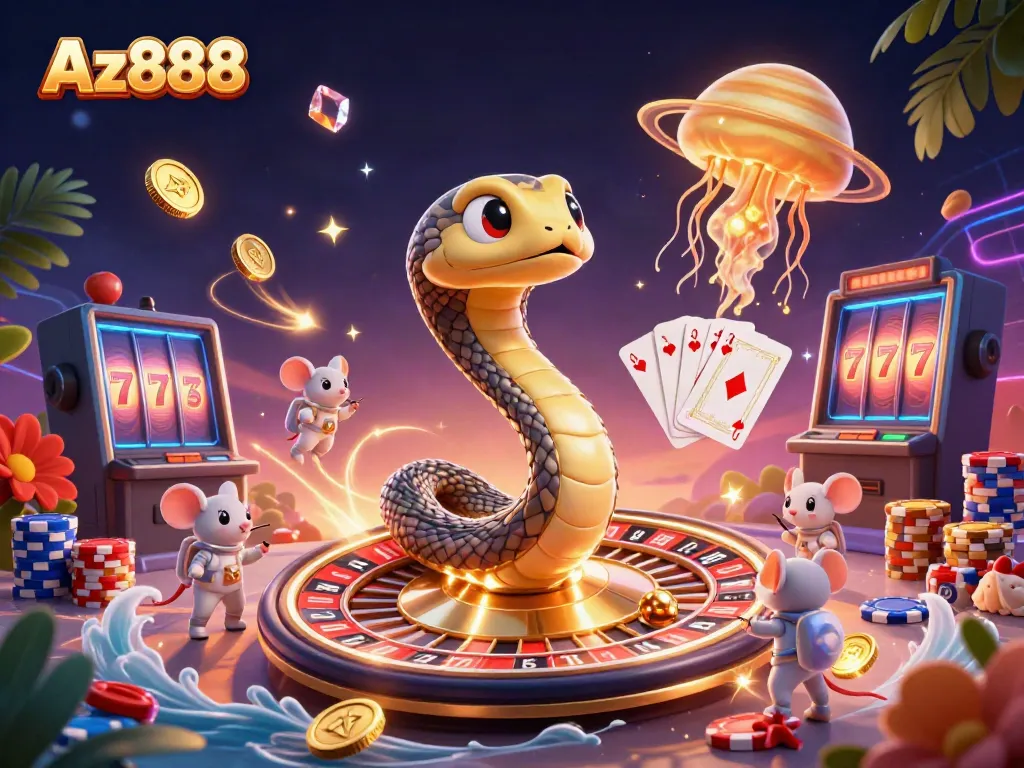 Engage in exhilarating gaming action with Az888's vibrant 3D cosmic casino illustration, featuring roulette and vibrant game elements.