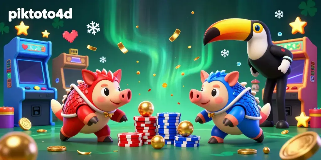 Engage with piktoto4d as rival pangolins compete with poker chips in an immersive casino arcade setting.