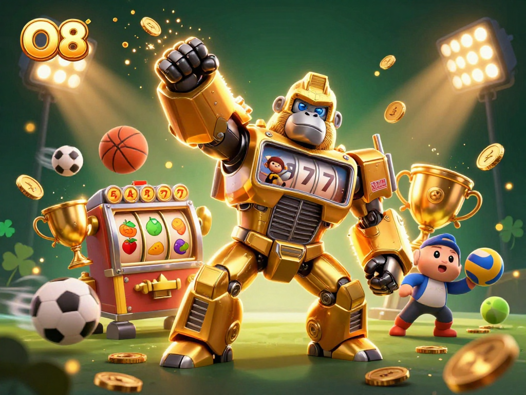 Engage with O8’s exciting features through a vibrant 3D illustration of a golden gorilla mech bursting with coins.