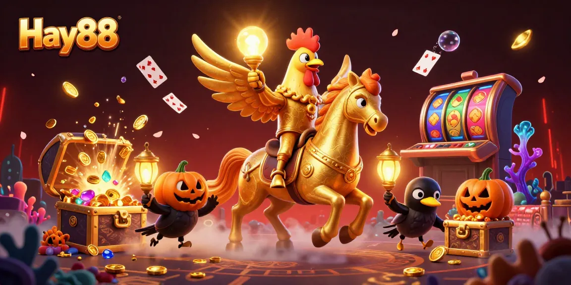 Experience Hay88's thrilling casino vibes with a golden rooster and pumpkin-headed crows amidst vibrant treasures.