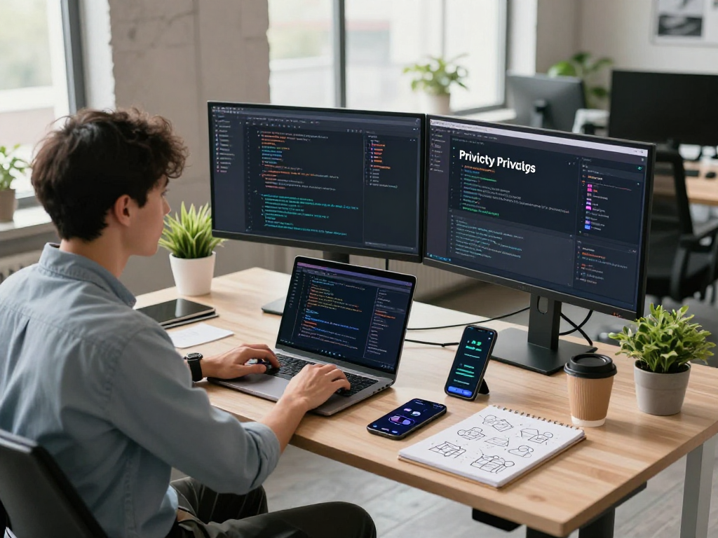Tornardocash workspace with a developer coding on monitors, surrounded by tech devices and natural light.