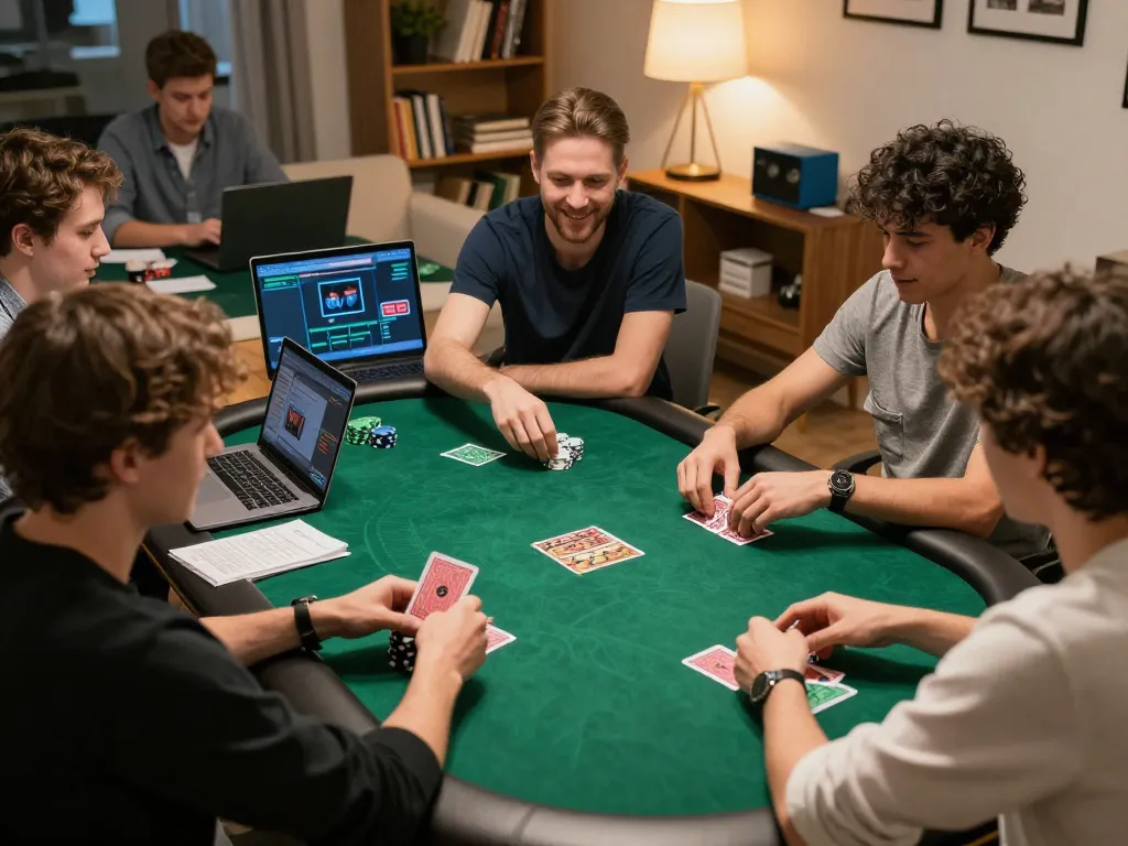 IDNSCORE RESMI players engaging in online poker game with excited expressions in modern home office setup